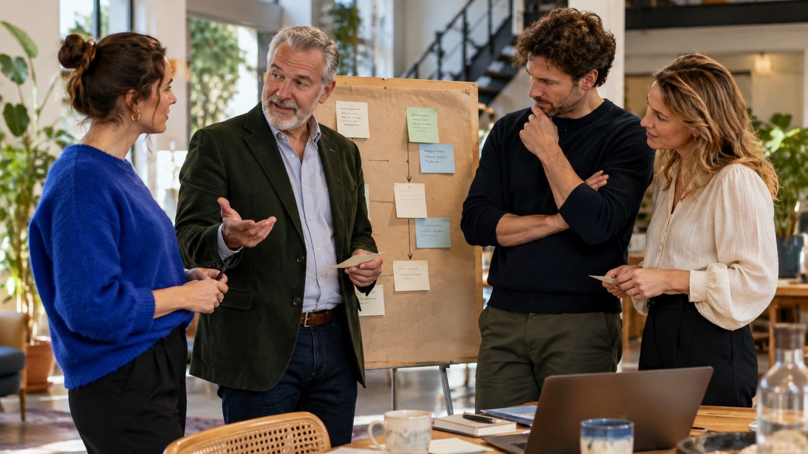 Vier collega's in gesprek bij een bord met notities en een processchema