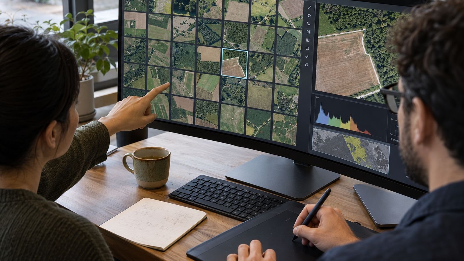 Twee collega's analyseren samen luchtfoto's en kaartgegevens op een breed beeldscherm