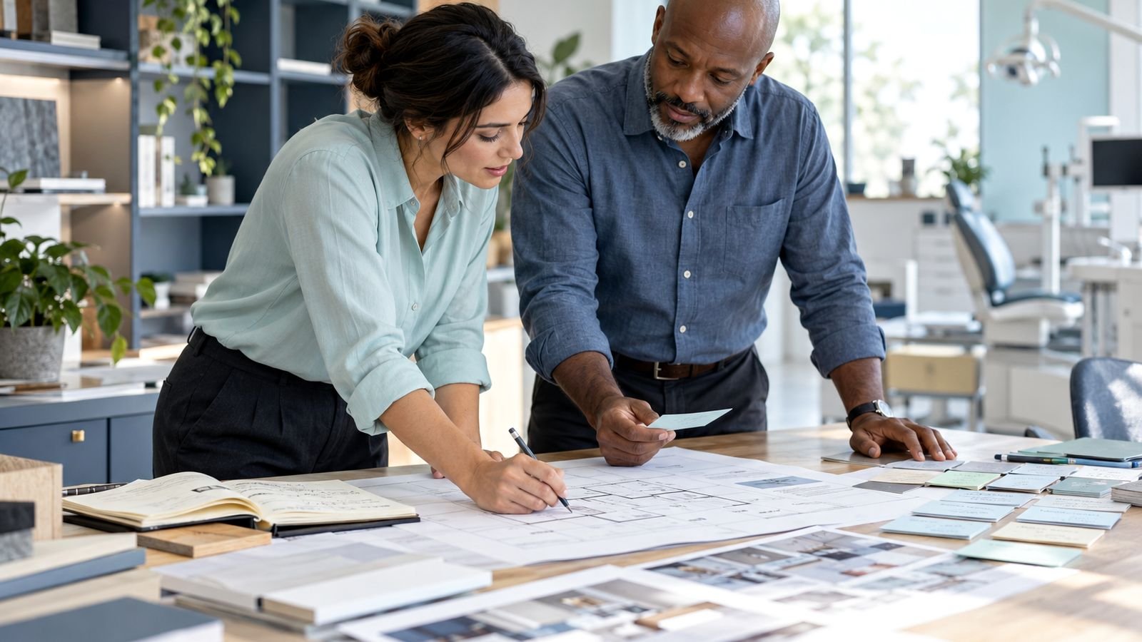 Twee collega's werken samen aan een plattegrond met kleurstalen en materiaalmonsters op een grote werktafel